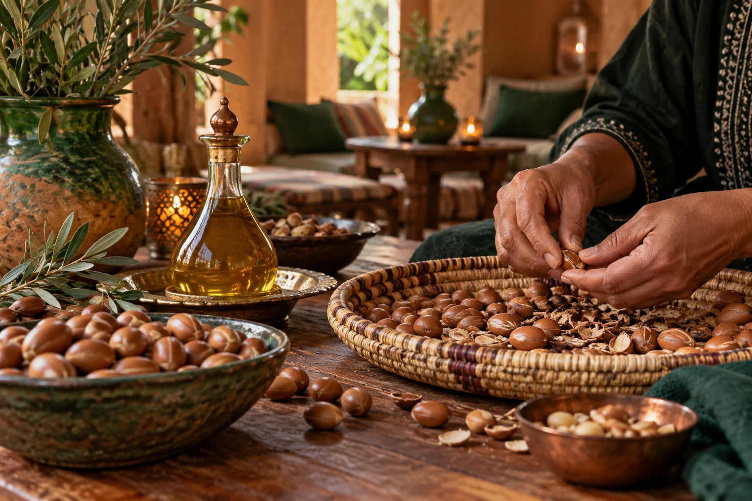 Illustration IA : mains triant des noix d’argan sur un plateau tressé avec un flacon d’huile