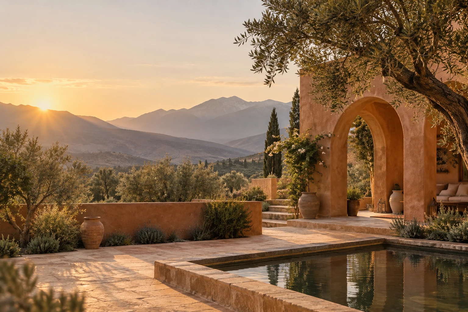 Illustration IA : cour paisible, arches et oliviers au lever du soleil