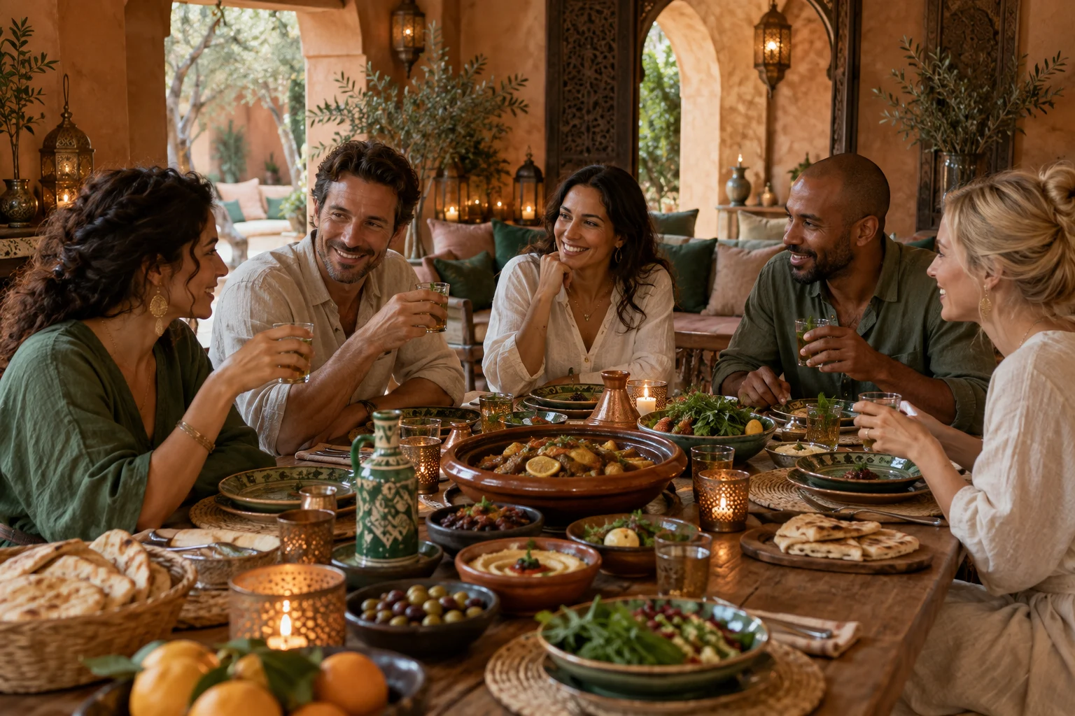 Scène créée par IA : un groupe partageant un repas à l’intérieur d’une villa