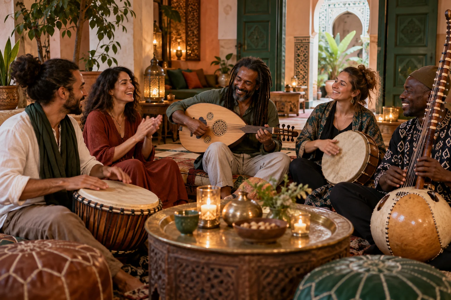 Illustration IA : adultes réunis autour d’instruments acoustiques à l’intérieur d’une villa