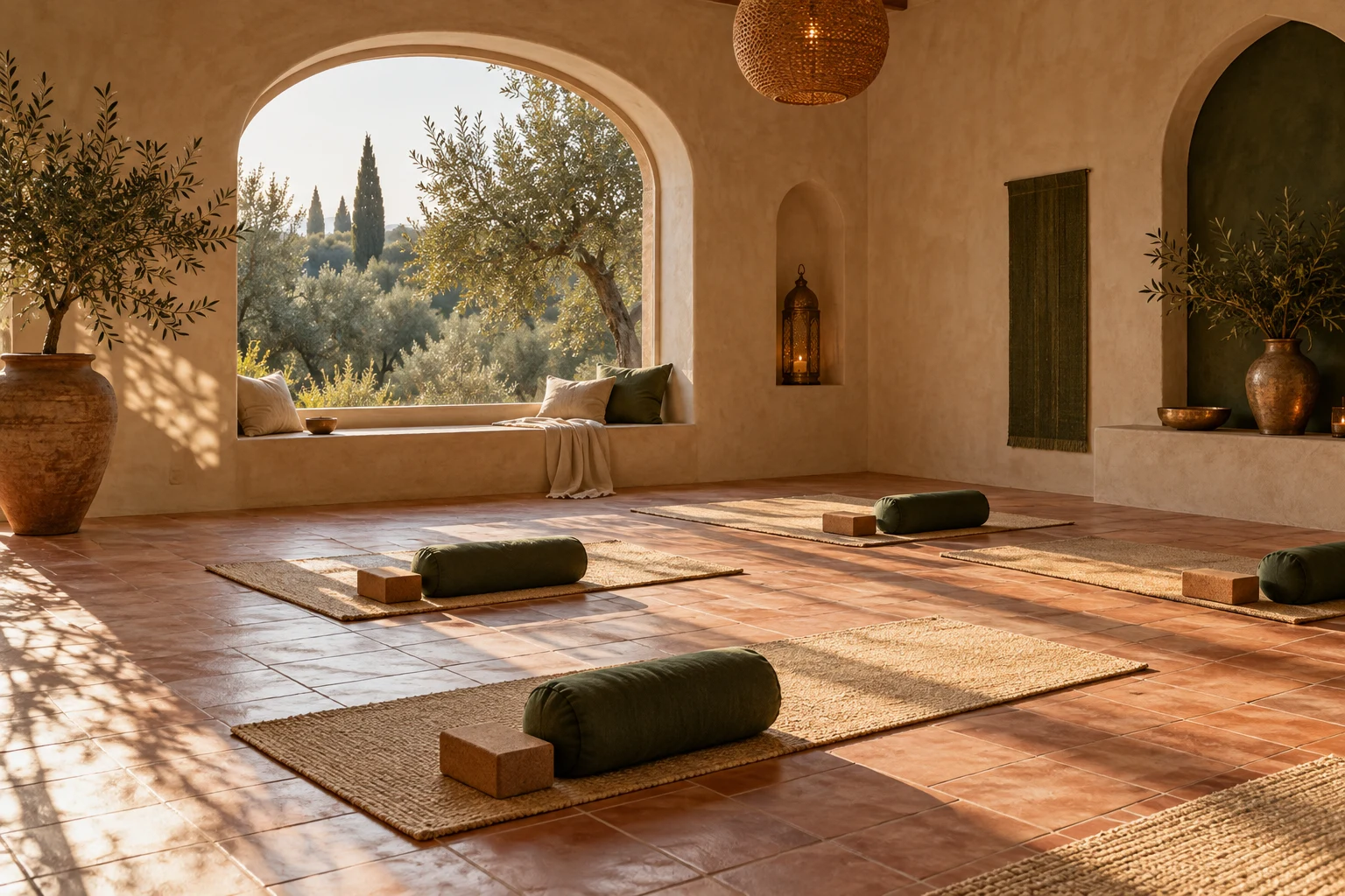 Illustration IA : tapis de yoga dans un espace lumineux aux matières naturelles